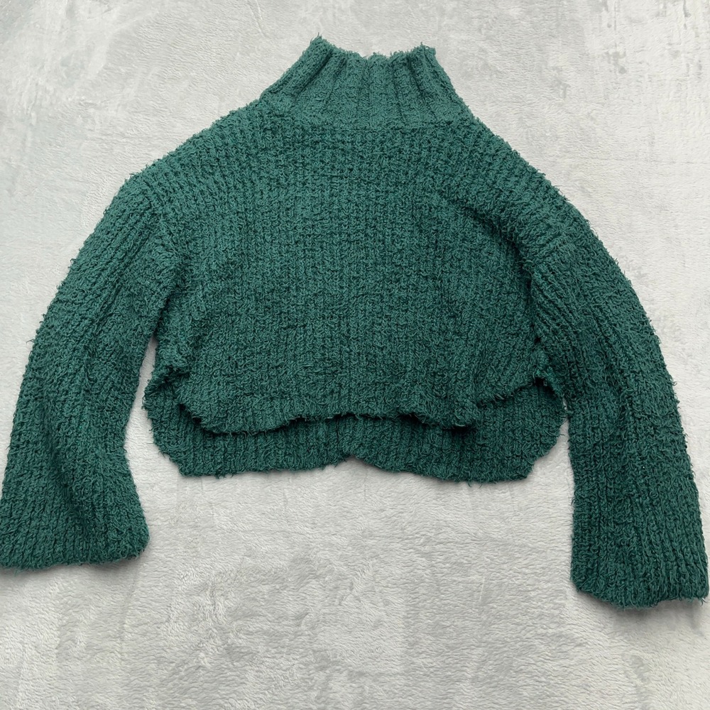 Free People Mock Neck Fuzzy Knit Heavy Cropped Sweater Teal Green Bell Sleeve XS